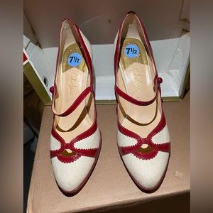 white and red heels, size 7 1/2